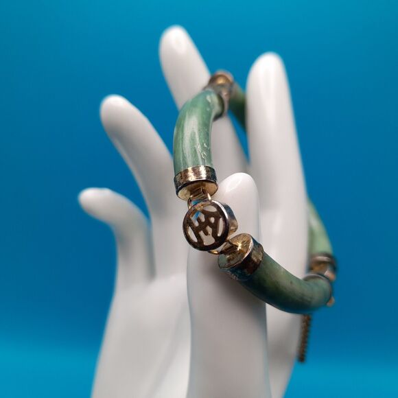 Vintage Asian Green Jade Gold Tone 7" Link Bracelet Safety Chain Push Lock Clasp - Picture 5 of 10